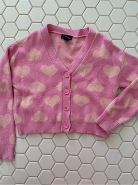Cute Pink Heart-Print V-Neck Cardigan Sweater